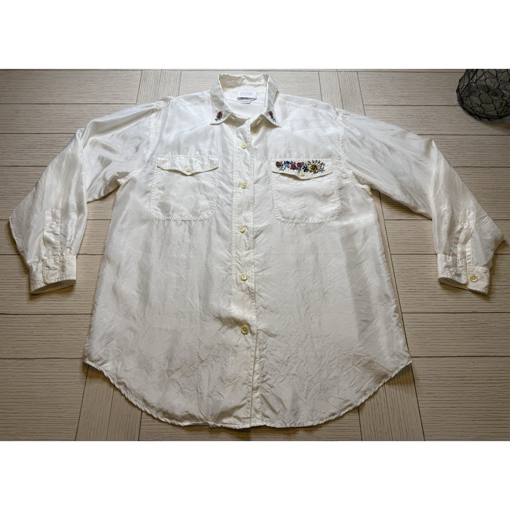 Just Jennifer‎ Silk Button Down Blouse W Floral & Angel Embellishment VTG Sz 10